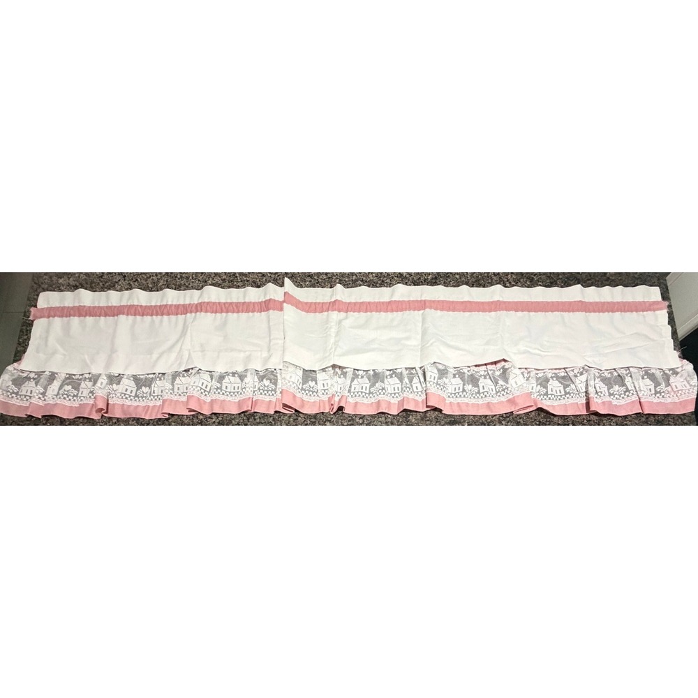 Vintage Cottage Core Window Valance White Pink Lace House Heart Motif 60x15.5